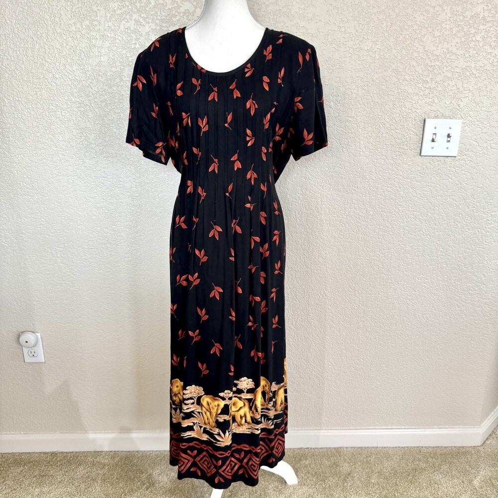 Vtg 80s 90s Betsy Lauren Dress 16P Black Pleated Elephant African Print Tie Back